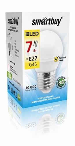 Лампа светодиодная SMARTBUY G45 7Вт 220V 3000K E27 (глоб, теплый свет) (10/100)