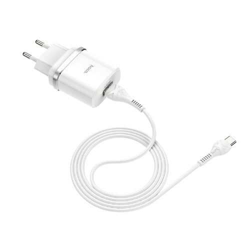 Блок питания сетевой 1 USB HOCO C12Q, 3000mA, пластик, QC3.0, кабель Type-C, цвет: белый (1/10/100)