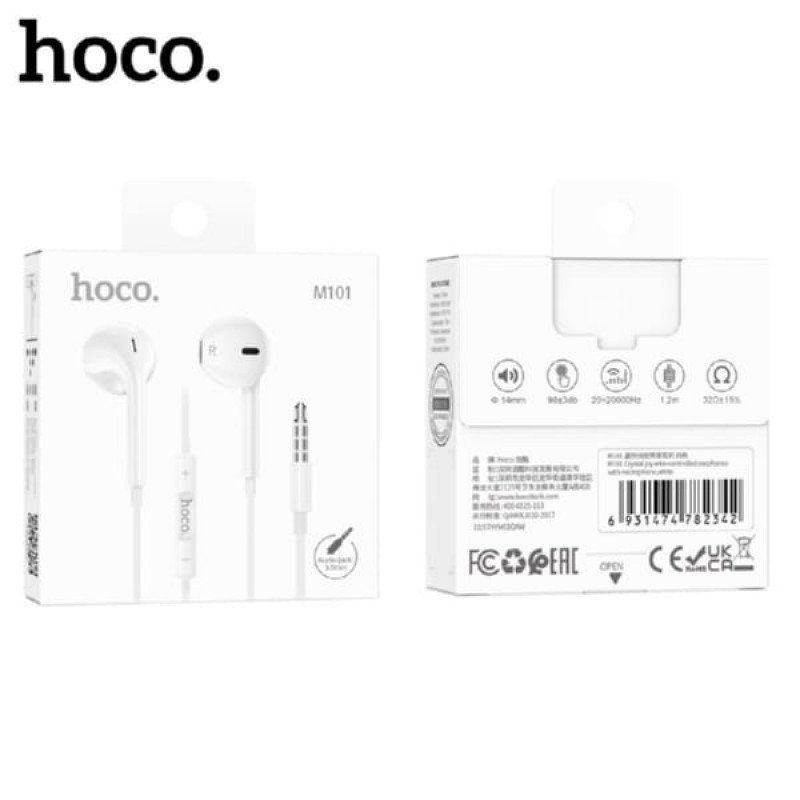 Наушники внутриканальные HOCO M101, AUX разъём с МК длина 1.2м, цвет: белый (1/144/864)