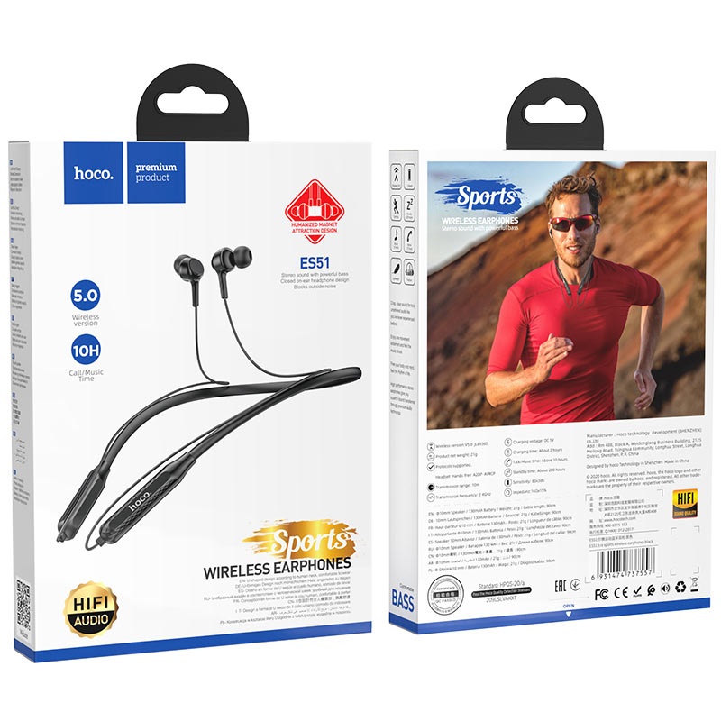 Наушники внутриканальные HOCO ES51 Era sports, Bluetooth, 90 см, 130 мАч, цвет: чёрный (1/100)