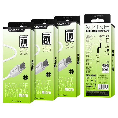 Кабель USB - микро USB Borofone BX14, 2.0м, круглый, 2.4A, силикон, цвет: белый (1/360)