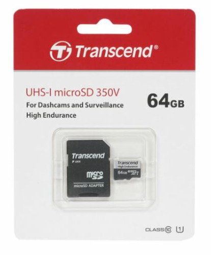 MicroSD  64GB  Transcend 350V UHS-I U1 + SD адаптер (высокой надёжности)